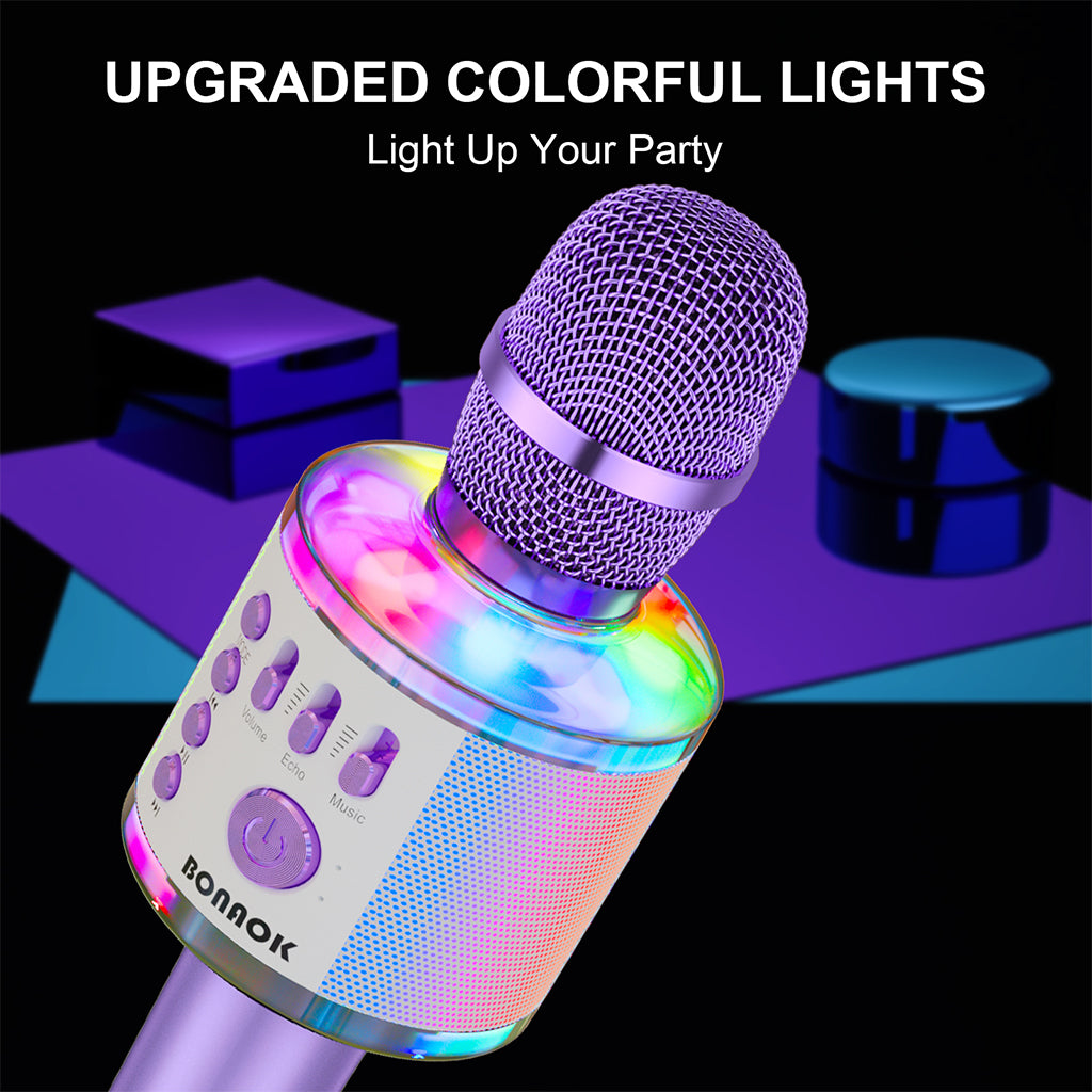 BONAOK Karaoke Microphone with LED Lights Upgraded,Wireless Bluetooth Handheld Karaoke Machine Mic & Speaker, Unique Gifts Toys for Girls Boys Adults All Ages(Q37Pro Light Purple)