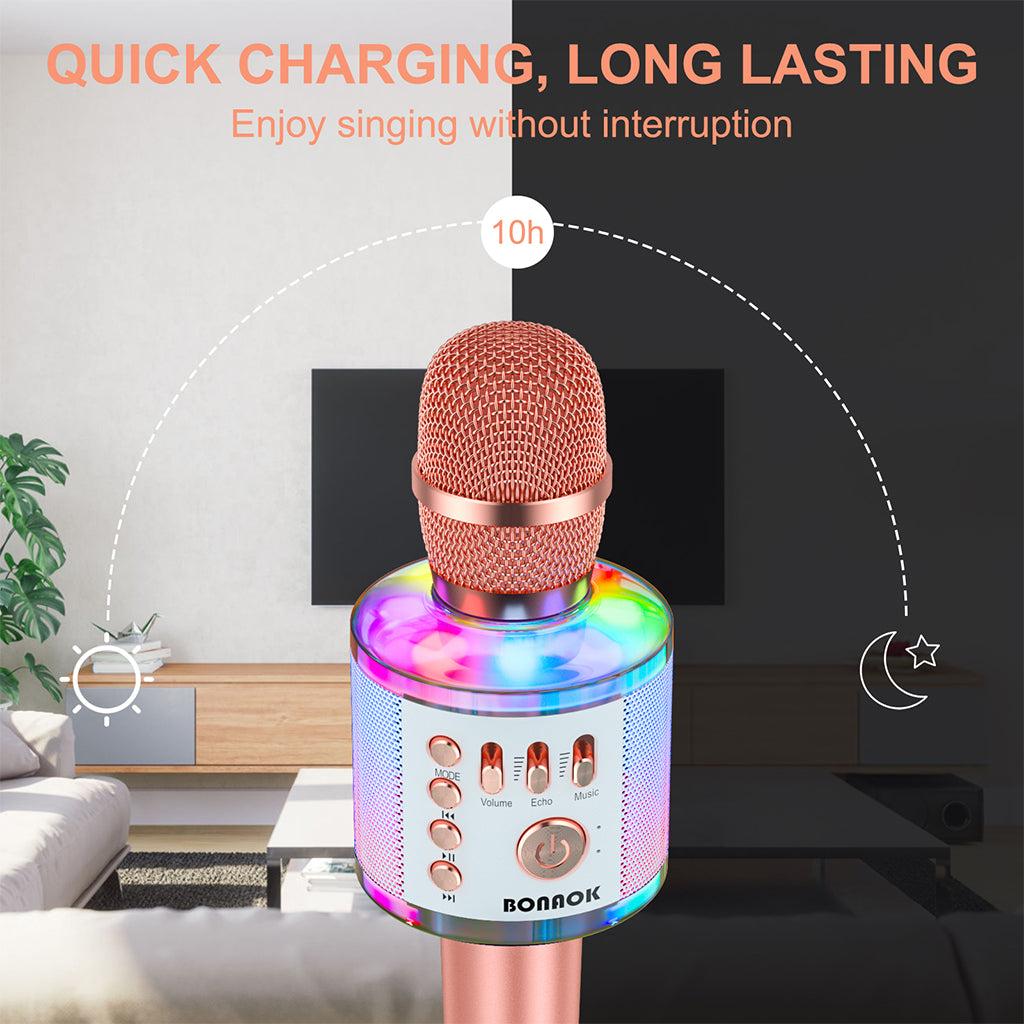 BONAOK Karaoke Microphone with LED Lights Upgraded,Wireless Bluetooth Handheld Karaoke Machine Mic & Speaker, Unique Gifts Toys for Girls Boys Adults All Ages(Q37Pro Rose Gold)