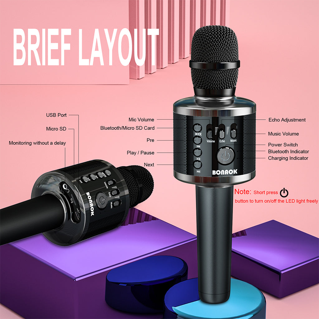 BONAOK Karaoke Microphone with LED Lights Upgraded,Wireless Bluetooth Handheld Karaoke Machine Mic & Speaker, Unique Gifts Toys for Girls Boys Adults All Ages(Q37Pro Black)